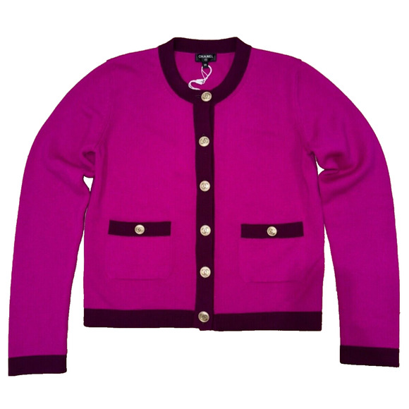 Chanel 20A Purple Pink Cashmere Gold CC Logo Long Sleeve Cardigan Sweater 38 - Picture 1 of 11